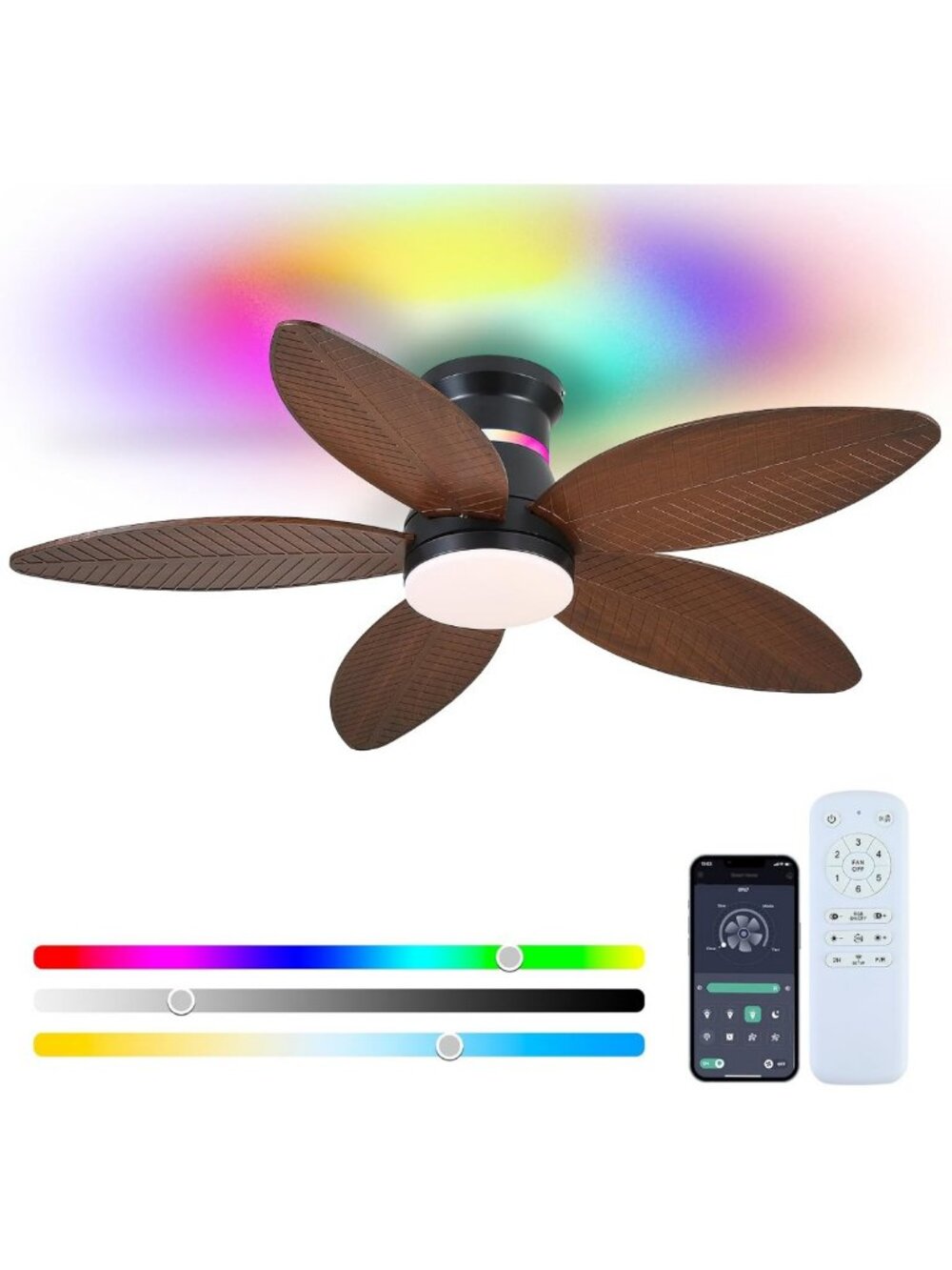 Tropical Palm Leaf Ceiling Fan with Lights, Remote, 3CCT Dimmable, 6 Speeds, Low
